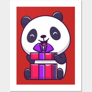 Cute Panda Opening Birthday Gift Cartoon Posters and Art